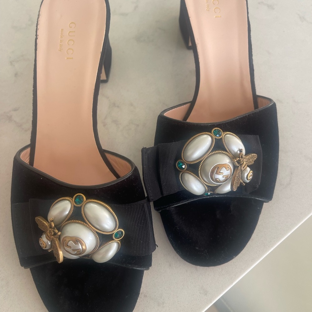 Gucci Black Velvet Heels with Pearl and Jewel Embellishments